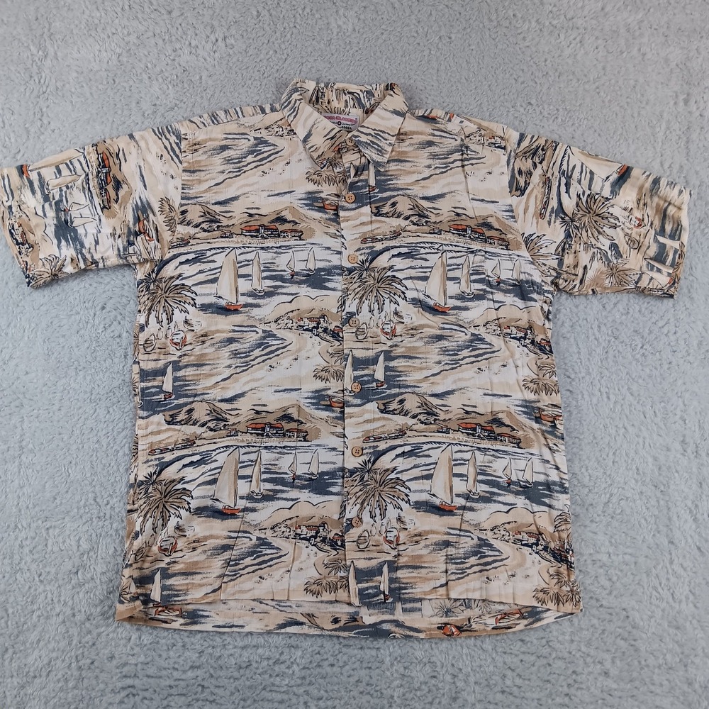 Boca Classics Mens Coastal‎ Scenic Print Button Down Shirt Tan Large 13610